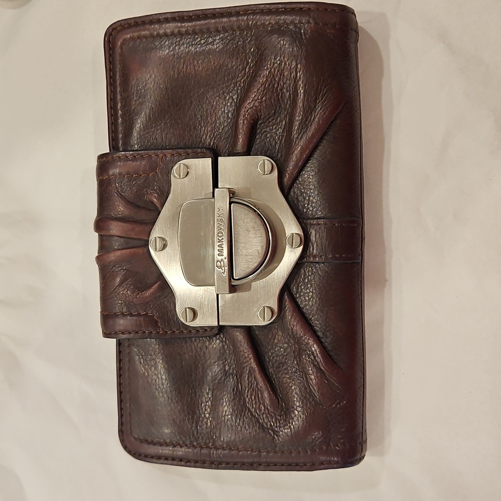 B. Makowsky Dark Brown Leather Wallet with Silver Accent